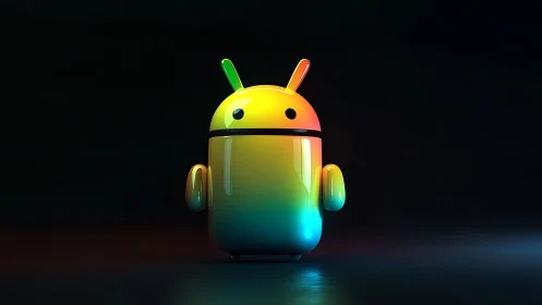 Neon gradient android mascot glows on reflective surface.