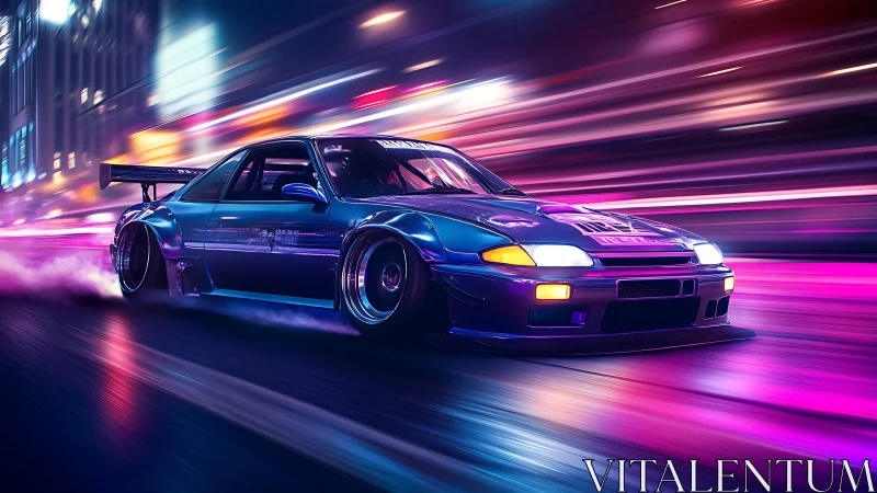 Neon-lit tuner drift car in high-speed urban nightscape