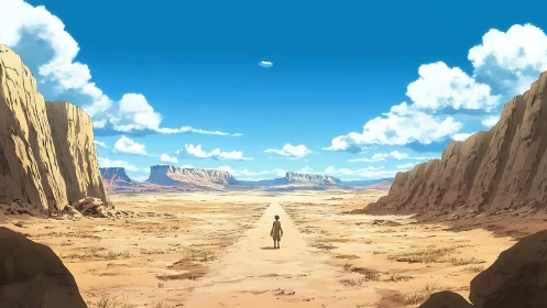 Solitary traveler walks a sunlit desert road to distant mesas