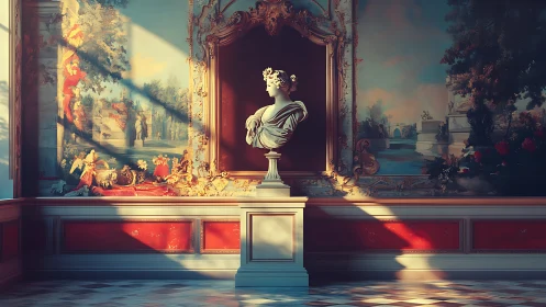 Marble bust in ornate gallery illuminated by angled sunlight