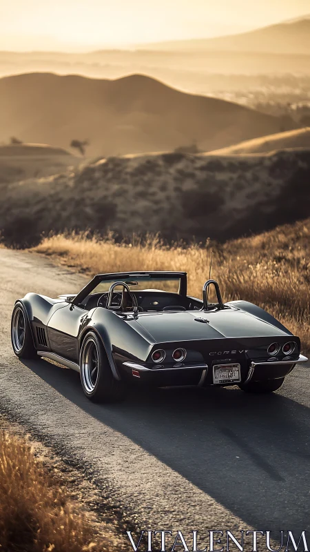 Sunset prowl of a black classic Corvette along golden hills.