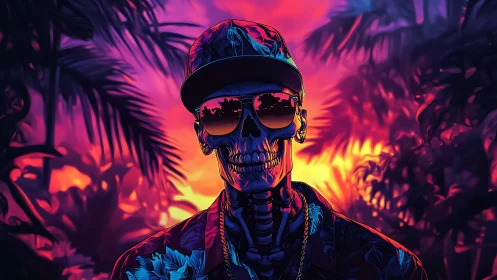 Sunset neon skull strolls through a bold tropical twilight