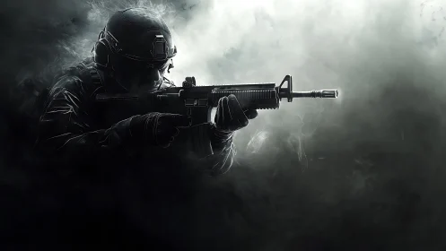 Tactical soldier holding rifle in smoke filled low light scene.