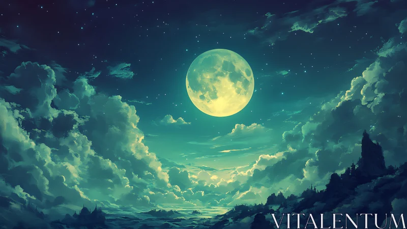 Full moon over teal night clouds and distant mountains.