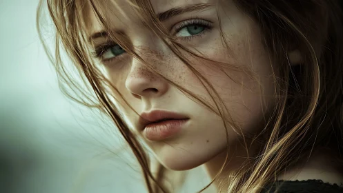 Freckled gaze in windswept close-up portrait study.