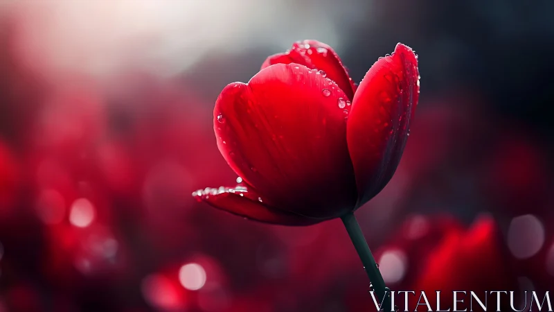Dewdrop-Kissed Red Tulip in Soft Bloom.