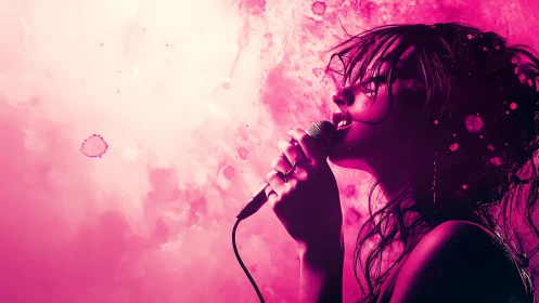 Neon backlit vocalist in dynamic magenta atmospheric haze