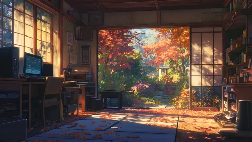 Autumn light floods a tatami study overlooking a maple garden