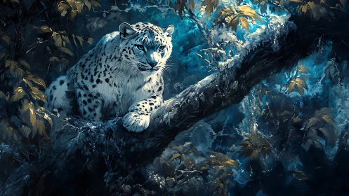 Snow Leopard Perched on Frost-Laden Branch in Alpine Forest.