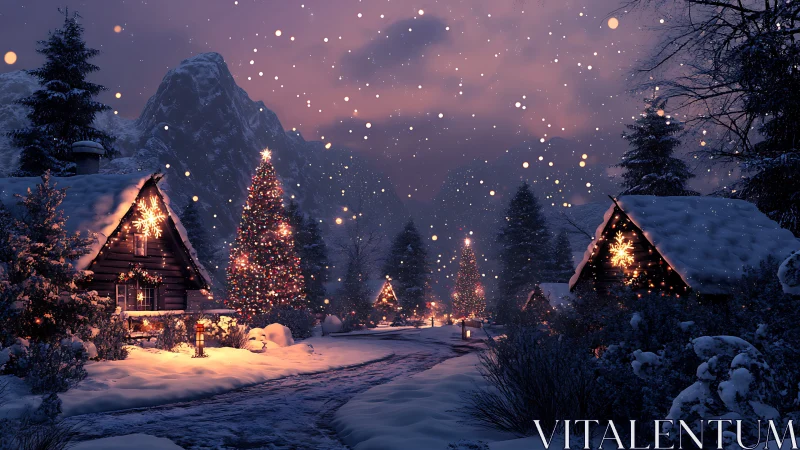 Cozy snowy village glowing with gentle Christmas lights.