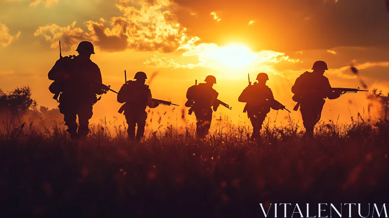 Silhouetted infantry patrol crossing dusk battlefield horizon.