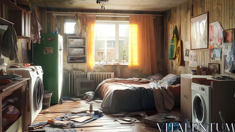 Messy studio bedroom glows with warm window light.