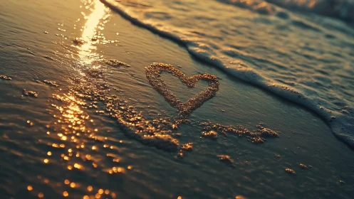 Heart Drawn in Sand with Golden Sunset Reflection