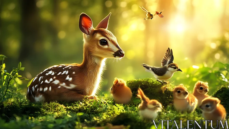 Sunlit fawn hosts a woodland council of fluff and feathers