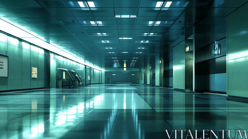 Silent teal transit concourse under reflective neon glow.