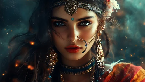 Ember-eyed muse in jeweled finery and swirling starlight.