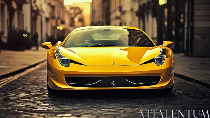 Yellow sports car stands centered on cobblestone street
