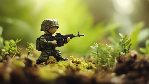 Tiny toy soldier marches bravely through a jungle of moss