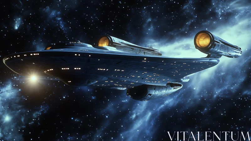 Star cruiser gliding through luminous deep space nebula.