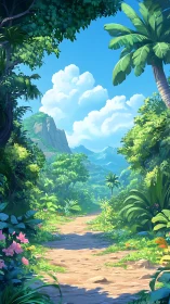 Tropical forest path leads toward distant mountains under clouds