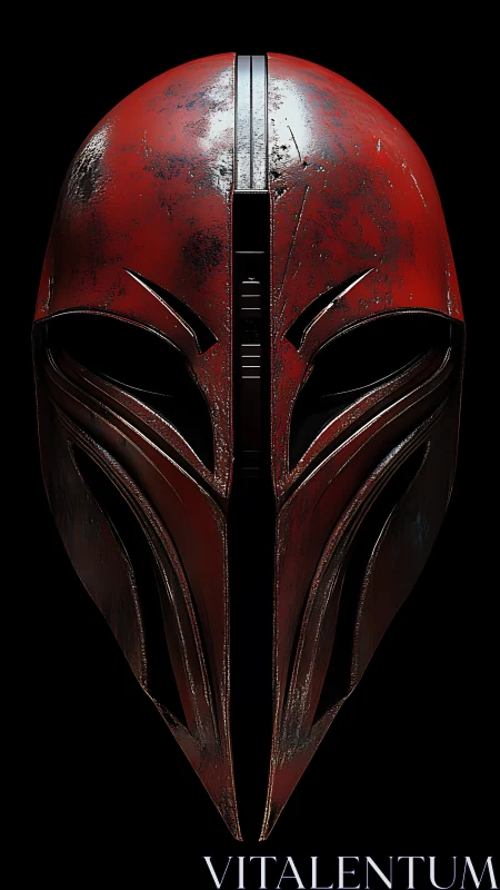 Red sci fi combat helmet with worn metallic surface texture.