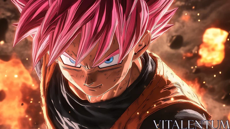 Cel shaded anime fighter with pink hair amid explosive debris field