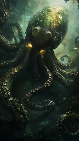 Giant bioluminescent octopus dominates dark underwater scene