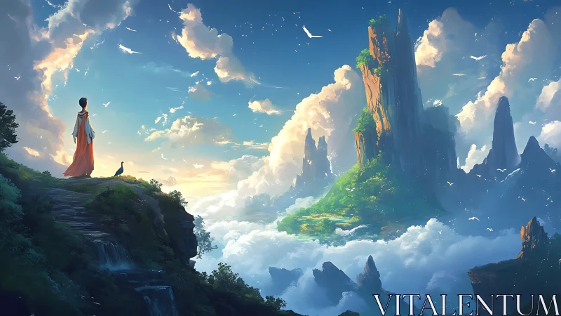 Skybridge cliffs and the quiet pilgrim above cloud oceans.