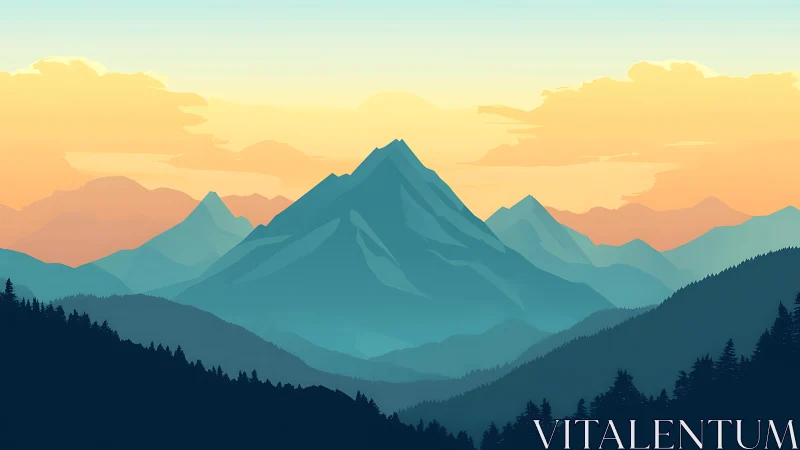 Layered alpine peaks in soft gradient sunrise palette.