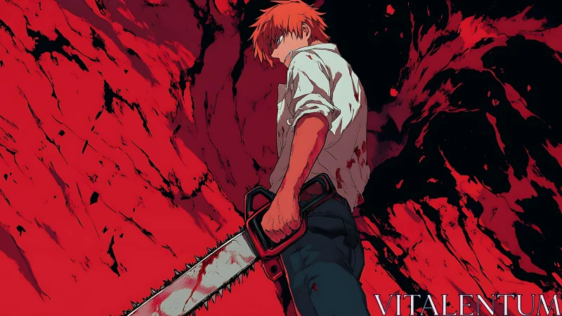Brooding hero with chainsaw against swirling red chaos.
