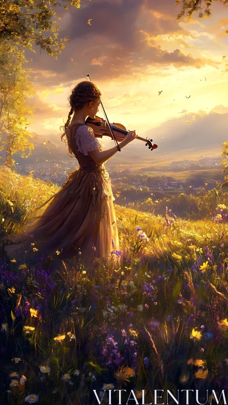Violin girl bathed in golden sunset over wildflower hills.