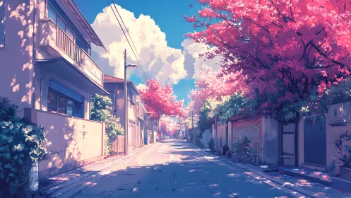 Sunlit cherry blossom street welcomes a gentle afternoon walk