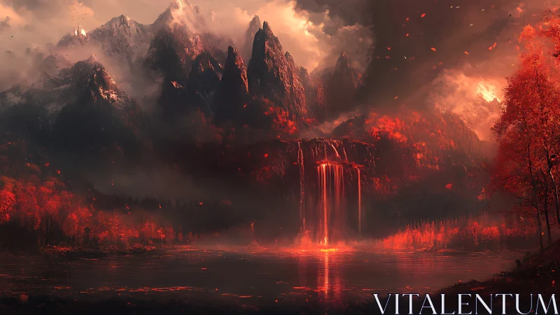 Volcanic Lava Cascade Through Mountain Valley with Incandescent Waterfall Effect