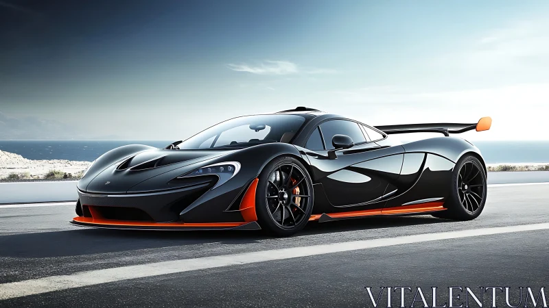 Black coastal hypercar on open seafront roadway.