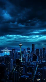Seattle skyline glows under deep blue storm clouds