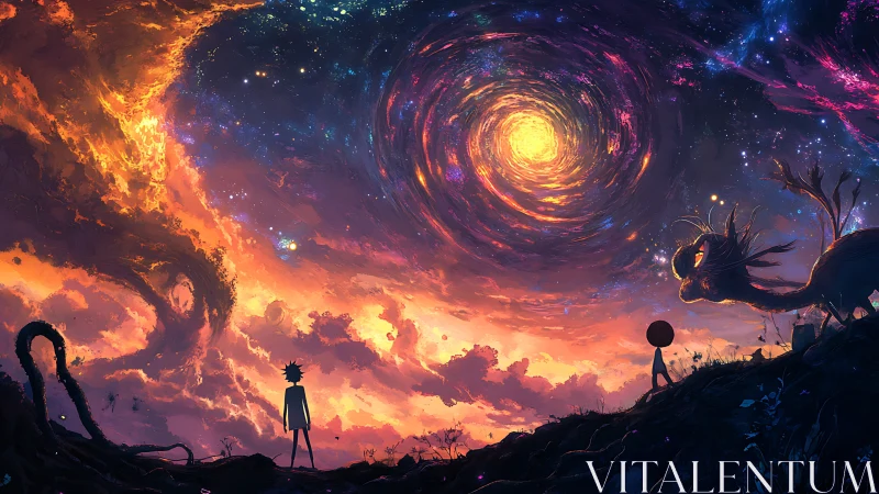 Cosmic travelers stand before a blazing interstellar vortex