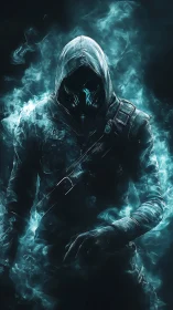 Hooded masked figure emerging from glowing blue smoke.
