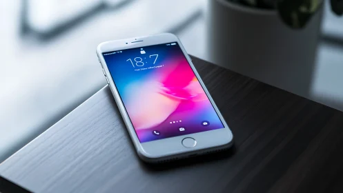 White iPhone with Vibrational Gradient Display Wallpaper on Modern Desk Surface