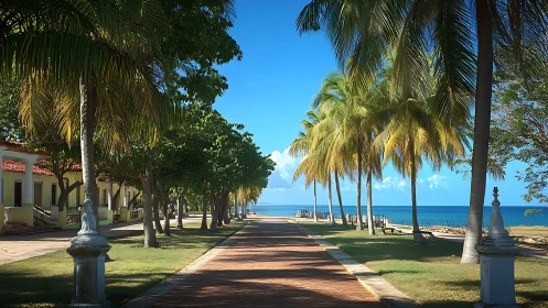 Brick promenade lined with palm trees beside coastal buildings.