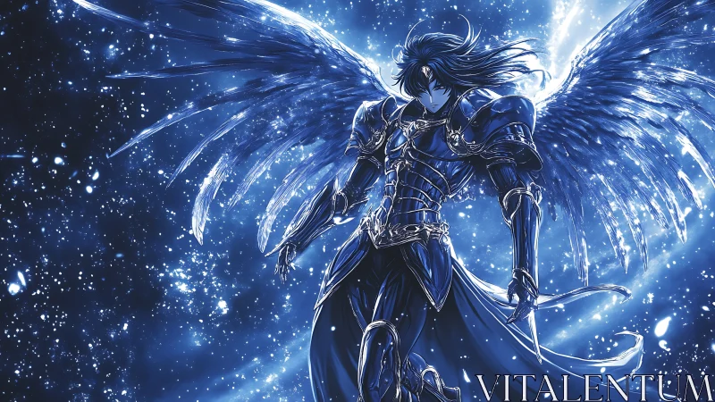Winged armored figure in blue celestial particle field.