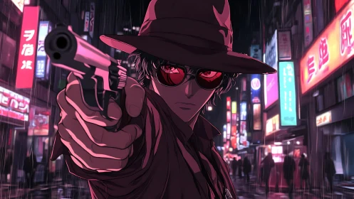 Neo-noir gunman in rain-soaked neon city uses extreme close-up