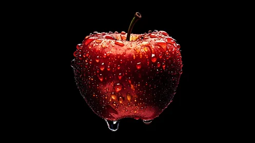 High-contrast macro of wet red apple on pure black ground.