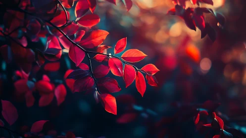 Scarlet leaves whisper quietly through the twilight glow