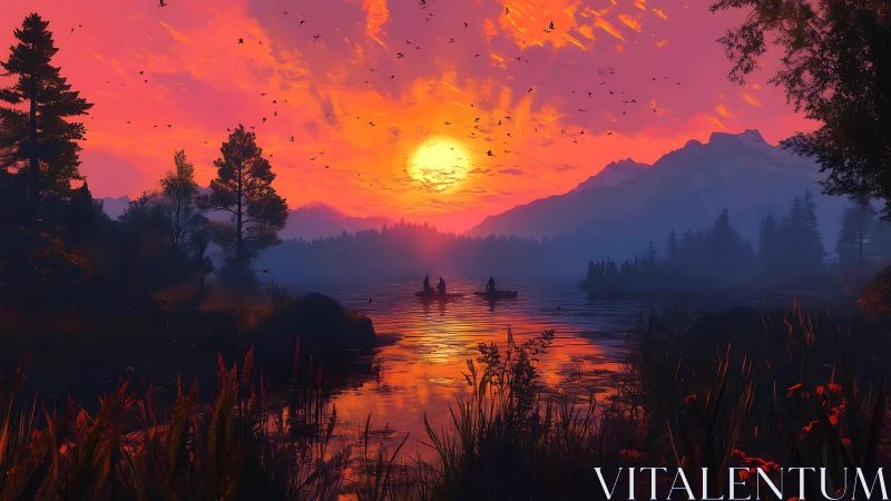 Glowing mountain lake sunset with quiet boats and wild shore.