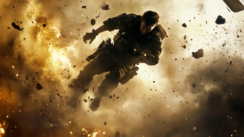 Kinetic shockwave-suspended soldier in high-energy detonation.