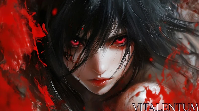Digital painting portrait with intense red-eyed anime character.