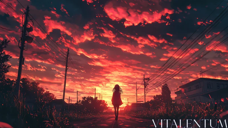 Sunset-soaked streets cradle a lone girl walking toward firelight