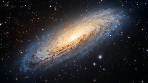 Luminous spiral galaxy arcs through deep black star field