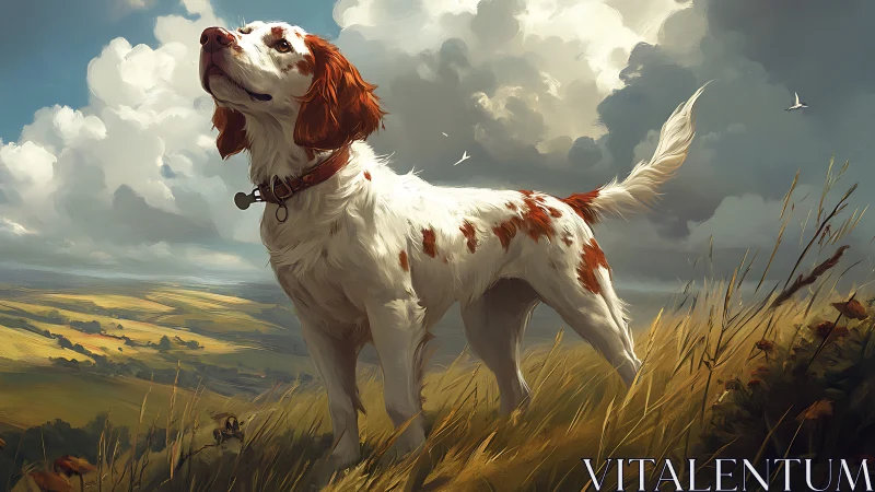 White and brown hunting dog stands alert in windy hillside field