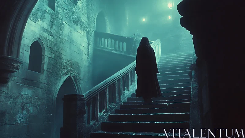 Cloaked figure ascends damp stone stairwell in fog-saturated ruins